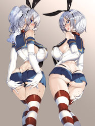 Rule 34 | 2girls, absurdres, ass grab, black panties, blouse, blue eyes, blue sailor collar, blue skirt, blush, breasts, butt crack, commentary request, cosplay, from behind, grabbing own ass, grey background, hair ornament, hair ribbon, hairclip, hamakaze (kancolle), highleg, highleg panties, highres, kantai collection, kashima (kancolle), large breasts, long hair, looking at viewer, looking back, multiple girls, open mouth, panties, ponytail, ribbon, sailor collar, school uniform, serafuku, shimakaze (kancolle), shimakaze (kancolle) (cosplay), shirt, short hair, simple background, skirt, smile, standing, striped clothes, striped legwear, striped thighhighs, thighhighs, thong, torisan, underwear, white hair, white shirt