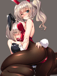 10s 2girls ;) animal_ears ass bare_shoulders black_legwear blue_eyes breast_press breasts collar eyebrows eyes_visible_through_hair fake_animal_ears fishnet_pantyhose fishnets green_eyes grey_background hair_over_one_eye hamakaze_(kancolle) highres kantai_collection kashima_(kancolle) large_breasts leotard long_hair looking_at_viewer multiple_girls one_eye_closed pantyhose playboy_bunny rabbit_ears rabbit_tail short_hair silver_hair smile tail torisan twintails