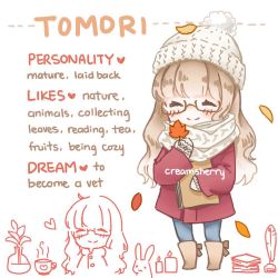 Rule 34 | artist name, beanie, blush, rabbit, character name, chibi, commentary request, creamsherry, eyewear on head, glasses, hat, long hair, mittens, original, scarf, smile, solo, tomori (creamsherry)