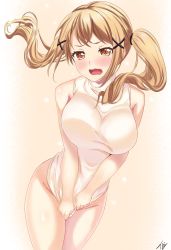 Rule 34 | 10s, 1girl, absurdres, bang dream!, blonde hair, blush, bottomless, breasts squeezed together, breasts, brown eyes, covering privates, covering crotch, cowboy shot, embarrassed, hair ornament, highres, ichigaya arisa, large breasts, leaning forward, looking at viewer, off-shoulder sweater, off shoulder, open mouth, signature, simple background, sweater, tokisan, turtleneck, twintails, wavy mouth, white sweater, x hair ornament