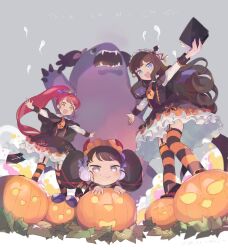 Rule 34 | 3girls, :d, black dress, black hair, blue eyes, book, bow, brown hair, commentary request, dress, frilled dress, frilled hairband, frills, full body, gaaruru (pripara), gajira (pripara), ghost, hairband, halloween, halloween costume, headphones, holding, holding book, horns, jack-o&#039;-lantern, kaijuu, kurosu aroma, leaf, long hair, long sleeves, looking at viewer, machico maki, mini person, minigirl, multiple girls, necktie, open book, open mouth, outstretched arms, ponytail, pretty series, pripara, pumpkin, purple bow, red hair, red horns, shiratama mikan, sidelocks, smile, spread arms, standing, striped clothes, striped thighhighs, thighhighs, twintails, very long hair, yellow eyes, yellow necktie
