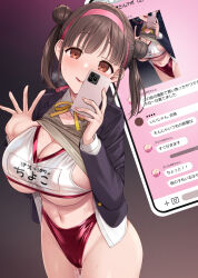 Rule 34 | 1girl, :q, blush, breasts, brown eyes, brown hair, buruma, cellphone, cleavage, clothes lift, commentary request, double bun, groin, gym shirt, gym uniform, hair bun, hairband, heavy breathing, highres, idolmaster, idolmaster shiny colors, japanese text, large breasts, midriff, name tag, neck ribbon, phone, pink hairband, pussy juice, red buruma, ribbon, satou kuuki, school uniform, selfie, shirt, shirt lift, smartphone, solo, sonoda chiyoko, sweat, tongue, tongue out, translation request, twintails, underboob, yellow ribbon