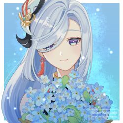 Rule 34 | 1girl, artist name, bare shoulders, blue background, blue eyes, blue flower, blush, border, bright pupils, closed mouth, clothing cutout, commentary request, earrings, eyeshadow, flower, forget-me-not (flower), genshin impact, gold trim, hair ornament, hair over one eye, highres, jewelry, karanashi mari, leaf, long hair, looking at viewer, makeup, multicolored eyes, outside border, parted bangs, plant, purple eyes, red eyeshadow, shenhe (genshin impact), shoulder cutout, sidelocks, simple background, single earring, smile, solo, swept bangs, tassel, tassel earrings, twitter username, upper body, watermark, white border, white pupils