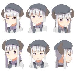 Rule 34 | 1girl, beret, black headwear, black vest, blush, closed mouth, collared shirt, cropped torso, expressions, grey hair, grey shirt, hat, highres, horns, kuro kosyou, long hair, multiple views, original, parted lips, pointy ears, profile, purple eyes, shirt, simple background, upper body, vest, white background