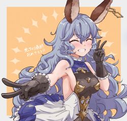 Rule 34 | 1girl, animal ears, bare shoulders, black dress, black gloves, blue dress, blue hair, breasts, closed eyes, commentary request, covered collarbone, double v, dress, earrings, erune, ferry (granblue fantasy), frilled dress, frilled gloves, frills, gloves, granblue fantasy, hand up, happy, highres, hoop earrings, jewelry, large breasts, long hair, multicolored clothes, multicolored dress, orange background, sideboob, single earring, sleeveless, sleeveless dress, smile, solo, sparkle, teeth, translation request, v, wavy hair, white dress, yirga