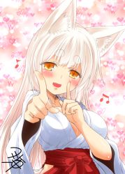 Rule 34 | 1girl, :d, animal ear fluff, animal ears, beamed quavers, blush, breasts, cleavage, eyebrows, fox ears, hakama, hakama skirt, index finger raised, japanese clothes, kohaku (yua), koi dance, long hair, looking at viewer, miko, musical note, no panties, open mouth, original, quaver, side slit, signature, skirt, slit pupils, smile, solo, thick eyebrows, white hair, yellow eyes, yua (checkmate)