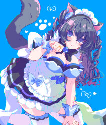 Rule 34 | 1girl, animal ears, apron, assault lily, back bow, black bow, black bowtie, black dress, black hair, blue background, blue bow, blue eyes, blush, bow, bowtie, breasts, cat ears, cat girl, cat tail, cleavage, closed mouth, commentary, detached sleeves, dress, dress bow, drill hair, fang, fang out, foot out of frame, frilled apron, frills, hair between eyes, hair bow, hand up, heart, highres, jewelry, kemonomimi mode, kneeling, large breasts, layered dress, long hair, looking at viewer, maid, maid headdress, nari (mokemokenari), official alternate costume, paw pose, puffy detached sleeves, puffy short sleeves, puffy sleeves, ring, short sleeves, simple background, sleeveless, sleeveless dress, smile, solo, tail, tail raised, thighhighs, twin drills, two side up, waist apron, wavy hair, white apron, white thighhighs, wrist cuffs, yokota haruna