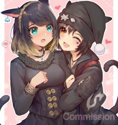 Rule 34 | 2girls, :d, akizone, animal ear request, animal ears, arm grab, warrior of light (ff14), black choker, black hair, black headwear, blonde hair, blue eyes, blush, breasts, cat girl, character request, choker, collarbone, commentary, commission, earrings, english commentary, final fantasy, final fantasy xiv, freckles, hair between eyes, hairband, hat, heart, jacket, jewelry, large breasts, long sleeves, looking at another, multicolored hair, multiple girls, necklace, one eye closed, open mouth, short hair, smile, spoken blush, tail, two-tone hair