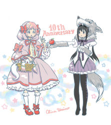 Rule 34 | 2girls, adapted costume, akemi homura, animal hands, animal head, ankle ribbon, anniversary, apple, argyle, argyle clothes, argyle legwear, artist name, basket, black eyes, black hair, black hairband, black outline, black pantyhose, black ribbon, bubble skirt, buttons, capelet, center frills, choker, cloak, closed mouth, commentary request, cosplay, creature, cross-laced footwear, dot nose, english text, fake tail, fangs, flat chest, food, frilled legwear, frilled skirt, frilled sleeves, frills, fruit, full body, hair ribbon, hairband, hand up, holding, holding basket, holding food, holding fruit, hood, hood up, jitome, juliet sleeves, kaname madoka, kyubey, leg ribbon, light blush, little red riding hood, little red riding hood (grimm), little red riding hood (grimm) (cosplay), long skirt, long sleeves, looking at another, mahou shoujo madoka magica, mahou shoujo madoka magica (anime), multiple girls, neck ribbon, nervous, outline, pantyhose, parted lips, pink cloak, pink eyes, pink hair, pink ribbon, pleated skirt, puffy sleeves, purple capelet, purple skirt, red choker, red footwear, red ribbon, ribbon, short twintails, simple background, skirt, socks, soul gem, standing, star (symbol), starry background, tail, tareme, twintails, umino chika, white background, white legwear, white skirt, wide-eyed, wide sleeves, wolf head, wolf paws, wolf tail