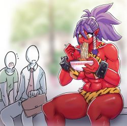 Rule 34 | 1girl, abs, breasts, colored skin, eating, ezzydraws, large breasts, muscular, muscular female, oni, original, purple hair, red skin, size difference, solo focus, towering
