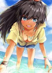 Rule 34 | 1girl, bad id, bad pixiv id, bent over, bikini, bikini top only, black hair, blue eyes, breasts, cleavage, cloud, dark-skinned female, dark skin, denim, denim shorts, downblouse, extended downblouse, fang, ganaha hibiki, hood, hoodie, idolmaster, idolmaster (classic), jewelry, kiriyama, leaning forward, long hair, looking at viewer, navel, necklace, open clothes, open mouth, perspective, ponytail, shorts, solo, swimsuit, tan, unzipped, wading, water