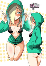 Rule 34 | 1girl, absurdres, ass, bikini, black bikini, blue eyes, breasts, cameltoe, collarbone, cowboy shot, earrings, from behind, hair over one eye, hands in pockets, highres, hood, hoodie, jewelry, long hair, long sleeves, looking at viewer, mario (series), medium breasts, multiple views, navel, nintendo, parted lips, pinky out, polka dot, polka dot background, rosalina, sasa tseng, shiny skin, solo, standing, super mario galaxy, swimsuit, thigh gap, white background, yellow background