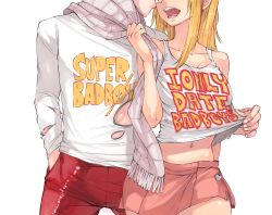 Rule 34 | 1boy, 1girl, bad id, bad tumblr id, blonde hair, blouse, clothes lift, clothes writing, cowboy shot, english text, fairy tail, head out of frame, lucy heartfilia, miniskirt, natsu dragneel, navel, rusky, scarf, shirt, shirt lift, simple background, skirt, torn clothes, torn sleeves, white background, white shirt