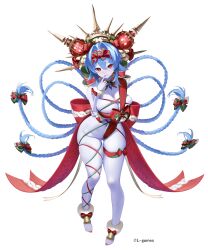 Rule 34 | 1girl, absurdres, aku no onna kanbu: perigee new moon, arrow (tamawo222), barefoot, bell, blue hair, blue skin, bow, braid, breasts, christmas, cleavage, colored skin, hair intakes, highres, large breasts, long hair, naked ribbon, official art, parted lips, red eyes, ribbon, simple background, thigh strap, very long hair, white background