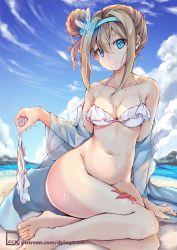 Rule 34 | 1girl, alternate hairstyle, arm support, artist name, bare shoulders, barefoot, beach, bikini, bikini bottom only, unworn bikini bottom, bikini top only, blonde hair, blue eyes, blue shirt, blue sky, blush, bottomless, breasts, cleavage, closed mouth, cloud, collarbone, day, dying0414, feet, frilled bikini, frills, girls&#039; frontline, hair between eyes, hair bun, hair ornament, hairband, holding, holding bikini, holding bikini bottom, holding clothes, holding swimsuit, long hair, long sleeves, looking at viewer, medium breasts, navel, ocean, off shoulder, official alternate costume, sand, see-through, shirt, side bun, sidelocks, single side bun, sitting, sky, smile, snowflake hair ornament, solo, starfish, stomach, suomi (girls&#039; frontline), suomi (midsummer pixie) (girls&#039; frontline), swimsuit, water, water drop, wet, white bikini, yokozuwari