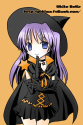 Rule 34 | 00s, 1girl, black gloves, blue eyes, cowboy shot, elbow gloves, finger to mouth, gloves, halloween, halloween costume, hat, hiiragi kagami, index finger raised, long hair, looking at viewer, lucky star, pleated skirt, purple hair, shima yukiwa, shushing, simple background, skirt, solo, standing, witch hat, yellow background