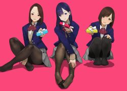 Rule 34 | 3girls, black legwear, blazer, blue eyes, blue hair, blue jacket, blush, bow, box, brown eyes, brown hair, cardigan, commentary request, feet, forehead, gift, gift box, grey skirt, highres, holding, holding gift, incoming gift, jacket, long hair, looking at viewer, multiple girls, original, pantyhose, pleated skirt, red bow, religious offering, school uniform, short hair, sitting, skirt, squatting, sweater, valentine, yomu (sgt epper)