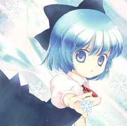 Rule 34 | 1girl, blue eyes, blue hair, cirno, female focus, gradient background, hair ribbon, ice, ice wings, lowres, matching hair/eyes, ribbon, snowflakes, solo, touhou, toyodaeri, white background, wings