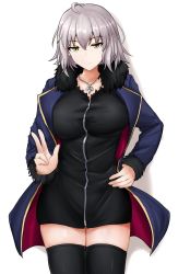 Rule 34 | 1girl, ahoge, black dress, black thighhighs, blue jacket, blush, breasts, closed mouth, dress, fate/grand order, fate (series), full-length zipper, fur-trimmed jacket, fur-trimmed sleeves, fur trim, hair between eyes, hand on own hip, highres, jacket, jeanne d&#039;arc (fate), jeanne d&#039;arc alter (fate), jeanne d&#039;arc alter (ver. shinjuku 1999) (fate), jewelry, large breasts, long sleeves, looking at viewer, necklace, official alternate costume, open clothes, open jacket, poshi (ginmokusei), short dress, short hair, silver hair, simple background, solo, thighhighs, thighs, white background, wicked dragon witch ver. shinjuku 1999, yellow eyes, zipper