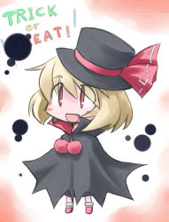 Rule 34 | 1girl, blonde hair, blush stickers, cape, chibi, embodiment of scarlet devil, english text, fang, female focus, halloween, hat, kugelschreiber, open mouth, pun, red eyes, rumia, solo, touhou, trick or treat