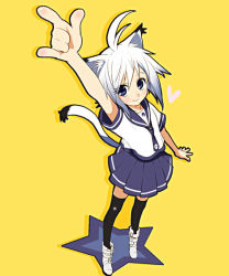 Rule 34 | 1girl, ahoge, animal ears, ankle boots, arm up, black thighhighs, blue eyes, boots, cat ears, cat tail, heart, m/, original, outstretched arm, pleated skirt, school uniform, serafuku, short hair, skirt, solo, star (symbol), tail, takano saki, thighhighs, white hair, yellow background, zettai ryouiki
