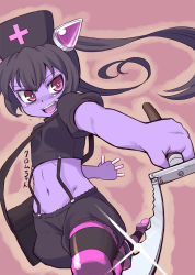 Rule 34 | 1girl, bag, black hair, chrome (mon-musu quest!), colored skin, cross, hacksaw, hat, jingai modoki, long hair, midriff, mon-musu quest!, monster girl, navel, nurse cap, open mouth, purple skin, red cross, red eyes, saw, shoulder bag, shoulderbag, solo, striped clothes, striped thighhighs, suspenders, thighhighs, twintails