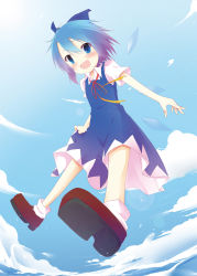Rule 34 | 1girl, blue eyes, blue hair, blush, bow, cirno, day, from below, gradient hair, hair bow, highres, hinata ichi, ice, ice wings, matching hair/eyes, multicolored hair, open mouth, purple hair, sky, solo, touhou, wings