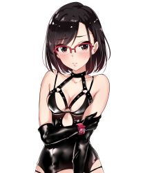 Rule 34 | 1girl, bdsm, bikini, bikini top only, black bikini, black hair, blush, bob cut, bondage, bondage outfit, bound, breastless clothes, breasts, brown eyes, cleavage, collar, collarbone, corset, elbow gloves, embarrassed, glasses, gloves, hand on own arm, highres, lips, medium breasts, murabito c, original, revealing clothes, short hair, simple background, slave, solo, swept bangs, swimsuit, tagme, upper body, white background