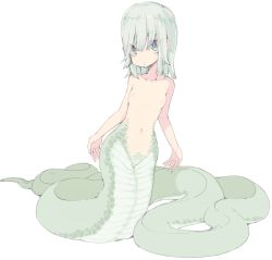 Rule 34 | 1girl, bad id, bad pixiv id, breasts, female focus, frfr, green hair, lamia, monster girl, navel, nipples, original, simple background, small breasts, solo, topless, white background