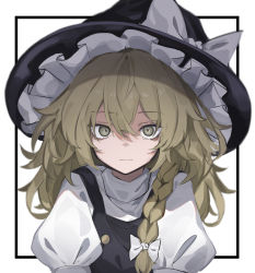 Rule 34 | 1girl, bags under eyes, blonde hair, border, bow, braid, closed mouth, expressionless, frilled sleeves, frills, hair between eyes, hair bow, hat, hat bow, highres, hisha (kan moko), kirisame marisa, long hair, looking at viewer, outside border, puffy sleeves, simple background, solo, touhou, upper body, white background, white border, wizard hat