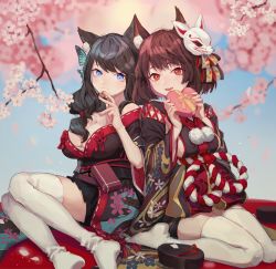 Rule 34 | 2girls, :d, akabane yu, animal ears, azur lane, black footwear, black hair, black kimono, black skirt, blue eyes, blurry, blurry background, blush, box, breasts, brown hair, candy, cat ears, cat mask, cherry blossoms, chocolate, chocolate heart, cleavage, closed mouth, collarbone, depth of field, feet out of frame, floral print, food, unworn footwear, fusou (azur lane), geta, hair over eyes, hanami, heart, heart-shaped box, highres, holding, holding box, holding food, japanese clothes, kimono, knees together feet apart, large breasts, long hair, long sleeves, looking at viewer, low-tied long hair, low ponytail, mask, mask on head, medium breasts, multiple girls, no shoes, open mouth, pleated skirt, print kimono, red eyes, red ribbon, ribbon, rope, sandals, unworn sandals, shimenawa, sideboob, sitting, skirt, smile, tassel, teeth, thighhighs, underbust, upper teeth only, wariza, white legwear, wide sleeves, yamashiro (azur lane), yokozuwari