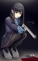 Rule 34 | 1girl, absurdres, black background, black footwear, black hair, black pantyhose, black sailor collar, black skirt, blood, blue gloves, cellphone, commentary request, dated, gloves, grey eyes, gun, hair ornament, hairclip, handgun, highres, holding, holding gun, holding weapon, index finger raised, jacket, loafers, long hair, original, pantyhose, paravene, phone, pleated skirt, purple jacket, ruger mark ii, sailor collar, shirt, shoes, signature, skirt, smoke, smoking barrel, solo, squatting, tiptoes, weapon, weapon request, white shirt