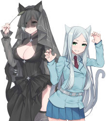 Rule 34 | 2girls, aleis-tan, aleister crowley (toaru majutsu no index), animal ears, anoshabu, belt, black dress, black legwear, black veil, blue jacket, blue skirt, breasts, cat ears, cat tail, cattail, claw pose, cleavage, commentary request, cowboy shot, dress, fake animal ears, fang, funeral dress, green eyes, grin, highres, holding, jacket, large breasts, long sleeves, looking at viewer, mina mathers, miniskirt, funeral dress, multiple girls, necktie, plant, pleated skirt, red neckwear, short hair, silver hair, simple background, skirt, smile, swept bangs, tail, thighhighs, toaru majutsu no index, toaru majutsu no index: new testament, veil, white background