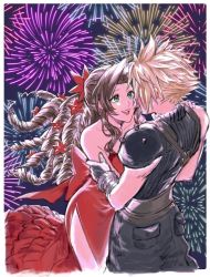 Rule 34 | 1boy, 1girl, aerith gainsborough, aerith gainsborough (red dress), armor, back bow, baggy pants, belt, blonde hair, bow, brown hair, cloud strife, couple, dress, final fantasy, final fantasy vii, final fantasy vii remake, fireworks, flamenco dress, flower, gloves, green eyes, hair flower, hair ornament, hair ribbon, hand on another&#039;s arm, hands on another&#039;s chest, highres, kivavis, long dress, long hair, multiple belts, official alternate costume, open mouth, pants, parted bangs, ponytail, red dress, ribbon, ringlets, shoulder armor, sidelocks, sleeveless, sleeveless turtleneck, smile, spiked hair, square enix, strapless, strapless dress, suspenders, teeth, turtleneck, upper body, upper teeth only, wall market