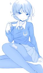 Rule 34 | 10s, 1girl, arm support, bad id, bad pixiv id, blue theme, braid, closed mouth, commentary, cup, darjeeling (girls und panzer), doyachii, dress shirt, drinking glass, emblem, girls und panzer, highres, holding, holding cup, legs, long sleeves, looking at viewer, miniskirt, monochrome, necktie, no shoes, pantyhose, pleated skirt, school uniform, shirt, short hair, sitting, skirt, smile, solo, sparkle, spill, st. gloriana&#039;s school uniform, sweater, teacup, v-neck, wing collar, yokozuwari