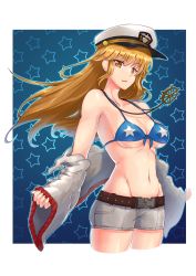 Rule 34 | 1girl, armpits, belt, bikini, bikini top only, blonde hair, blue background, blue bikini, breasts, cleavage, closed mouth, collarbone, e neko, hat, highres, houston (warship girls r), jewelry, legs together, lipstick, looking at viewer, makeup, military hat, navel, necklace, outside border, peaked cap, removing jacket, ship&#039;s wheel, shorts, solo, standing, star (symbol), star print, swimsuit, upper body, warship girls r, white hat, white shorts, yellow eyes