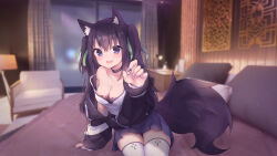 Rule 34 | 1girl, :d, animal ear fluff, animal ears, arm at side, arm support, arm up, bed, black choker, black hair, black jacket, blue eyes, blue skirt, blurry, blurry background, breasts, camisole, choker, cleavage, collarbone, cowboy shot, curtains, dog ears, dog tail, eyelashes, fluffy, green ribbon, guild cq, hair between eyes, hair ribbon, highres, indoors, jacket, leaning to the side, legs together, light blush, long hair, long sleeves, looking at viewer, maka neko, medium breasts, miniskirt, multicolored clothes, multicolored hair, multicolored jacket, nail polish, off shoulder, on bed, open clothes, open jacket, open mouth, outstretched arm, partially unzipped, pillow, pleated skirt, purple nails, quon tama, raised eyebrows, ribbon, room, sidelocks, single bare shoulder, sitting, skirt, sleeves past wrists, smile, solo, strap slip, tail, teeth, thighhighs, two-tone hair, upper teeth only, virtual youtuber, white camisole, white thighhighs, window, zettai ryouiki