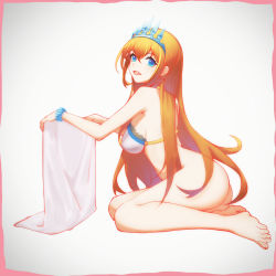Rule 34 | 1girl, ass, bare shoulders, barefoot, bikini, blue eyes, bottomless, braid, breasts, commentary request, from side, hair between eyes, hair ornament, highres, holding, large breasts, lis zhu long, long hair, looking at viewer, open mouth, orange hair, pecorine (princess connect!), princess connect!, simple background, smile, solo, swimsuit, teeth, tiara, upper teeth only, very long hair, white bikini