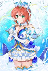 Rule 34 | 1girl, bare shoulders, blush, breasts, cleavage, commission, earrings, frills, green eyes, headdress, highres, interlocked fingers, jewelry, large breasts, lisette (stella glow), orange hair, own hands together, pleated skirt, short hair, skirt, smile, solo, stella glow, thighhighs, water drop, yunamaro