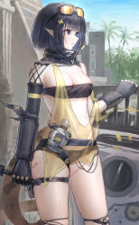 Rule 34 | 1girl, arawado, arknights, bandeau, bare shoulders, belt, black belt, black gloves, black hair, blue eyes, blue sky, commentary request, cowboy shot, day, eunectes (arknights), gloves, goggles, goggles on head, highres, holding, midriff, outdoors, palm tree, pointy ears, short hair, skindentation, sky, solo, standing, strapless, thigh strap, thighs, tree, tube top