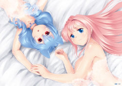Rule 34 | 2girls, animal ears, bed sheet, blue eyes, blue hair, blush, breasts, cat ears, censored, choker, convenient censoring, hair intakes, hair over breasts, holding hands, highres, large breasts, long hair, lying, multiple girls, nail polish, nude, on side, open mouth, original, pink hair, red eyes, smile, topless, yagisaka seto