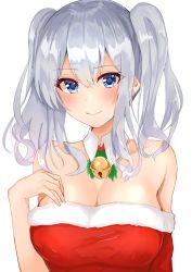 Rule 34 | 1girl, bad id, bad pixiv id, bell, blue eyes, blush, breasts, dress, fur-trimmed dress, fur trim, graphite (medium), hair ornament, highres, jingle bell, kantai collection, kashima (kancolle), large breasts, long hair, looking at viewer, red dress, santa dress, shiina aoi, sidelocks, silver hair, simple background, smile, solo, traditional media, twintails, wavy hair, white background