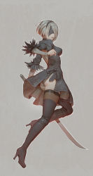 Rule 34 | 1girl, arm up, ass, back cutout, bad id, bad pixiv id, black dress, black hairband, black thighhighs, blindfold, boots, breasts, closed mouth, clothing cutout, dress, elbow gloves, from side, full body, gloves, grey hair, grey leotard, hairband, high heel boots, high heels, highres, holding, holding sword, holding weapon, katana, leotard, leotard shot, medium breasts, nier (series), nier:automata, puffy sleeves, short hair, solo, sword, thigh boots, thighhighs, thighhighs under boots, timbougami, weapon, 2b (nier:automata)