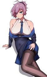 Rule 34 | 1girl, ahoge, aoba (kancolle), bare shoulders, black jacket, black scrunchie, blue skirt, breasts, cosplay, covered navel, feet out of frame, green eyes, hair ornament, hair scrunchie, highres, ikadamo, jacket, jacket partially removed, kantai collection, large breasts, looking at viewer, messy hair, military uniform, pleated skirt, ponytail, purple hair, scrunchie, shirt, short hair, simple background, sitting, skirt, sleeveless, sleeveless shirt, solo, striped clothes, striped thighhighs, thighhighs, uniform, washington (kancolle), washington (kancolle) (cosplay), white background, white shirt, yokozuwari