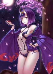 Rule 34 | 1girl, absurdres, breasts, cherry blossoms, cleavage, covered erect nipples, cup, fate/grand order, fate (series), glowing, glowing petals, hair ornament, hand on own hip, highres, holding, horns, jar, long hair, long sleeves, looking at viewer, navel, night, petals, purple eyes, purple hair, sakazuki, short hair, shuten douji (fate), shuten douji (first ascension) (fate), side ponytail, sideboob, small breasts, solo, thighs, wide sleeves, yin lan xue