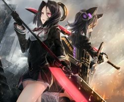 Rule 34 | 10s, 2girls, black dress, black gloves, cardigan, covered navel, dress, gloves, gradient background, hair between eyes, headgear, holding, holding sword, holding weapon, kantai collection, long sleeves, machinery, makai no juumin, multiple girls, naginata, open mouth, polearm, purple eyes, purple hair, red ribbon, ribbon, short dress, short hair, smile, sword, tatsuta (kancolle), tenryuu (kancolle), weapon, yellow eyes