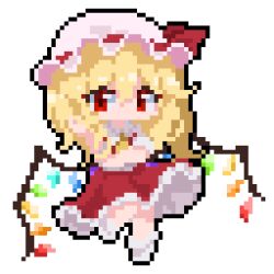 Rule 34 | 1girl, ascot, blonde hair, crossed arms, crystal wings, dress, flandre scarlet, full body, hat, hat ribbon, hong yin, mob cap, pixel art, red dress, red eyes, red ribbon, ribbon, simple background, solo, touhou, white background, yellow ascot