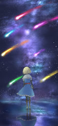 Rule 34 | 1girl, absurdres, alice margatroid, belt, blonde hair, blue dress, book, boots, brown footwear, capelet, comet, commentary request, dress, from behind, full body, highres, holding, holding book, kurotaka, light particles, night, night sky, red belt, reflection, short hair, sky, solo, standing, star (sky), starry sky, touhou, white capelet