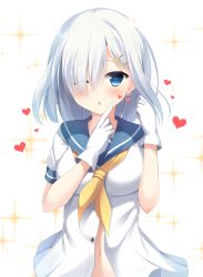 Rule 34 | 10s, 1girl, blue eyes, blush, buttons, chestnut mouth, earrings, eyes visible through hair, gloves, hair ornament, hair over one eye, tucking hair, hairclip, hamakaze (kancolle), heart, heart-shaped pupils, impossible clothes, impossible shirt, index finger raised, jewelry, kantai collection, navel, one eye closed, open clothes, open shirt, pointing, ribbon, sailor collar, school uniform, serafuku, shirt, short hair, short sleeves, solo, sparkle, symbol-shaped pupils, tomoo (tomo), unbuttoned, upper body, white background, white gloves, white hair, yellow ribbon