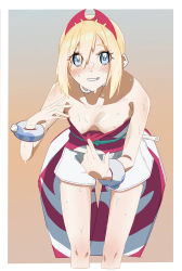 Rule 34 | 1girl, absurdres, asakura (asakur4), bangle, bare shoulders, bent over, blonde hair, blue eyes, blush, bracelet, breasts, cleavage, clothes pull, collarbone, creatures (company), dress, dress tug, fanning, fanning self, game freak, gradient background, hair between eyes, hair ornament, hairclip, highres, hot, irida (pokemon), jewelry, large breasts, leaning forward, neck ring, necklace, nintendo, pokemon, pokemon legends: arceus, red dress, sash, shirt pull, short hair, shorts, smile, sweat, white shorts
